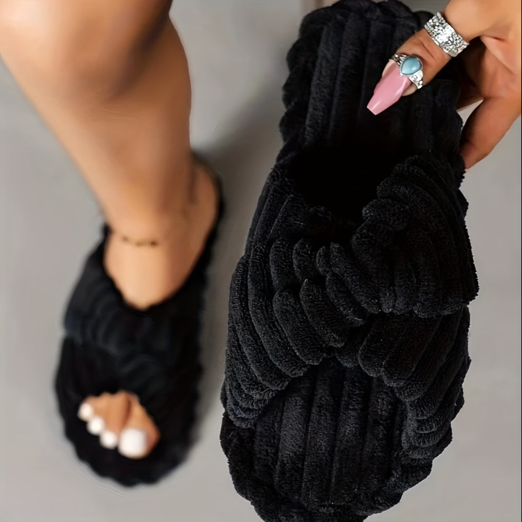 Women's Solid Color Home Slippers, Open Toe Cross Strap Bedroom Shoes, Comfortable Indoor Slippers