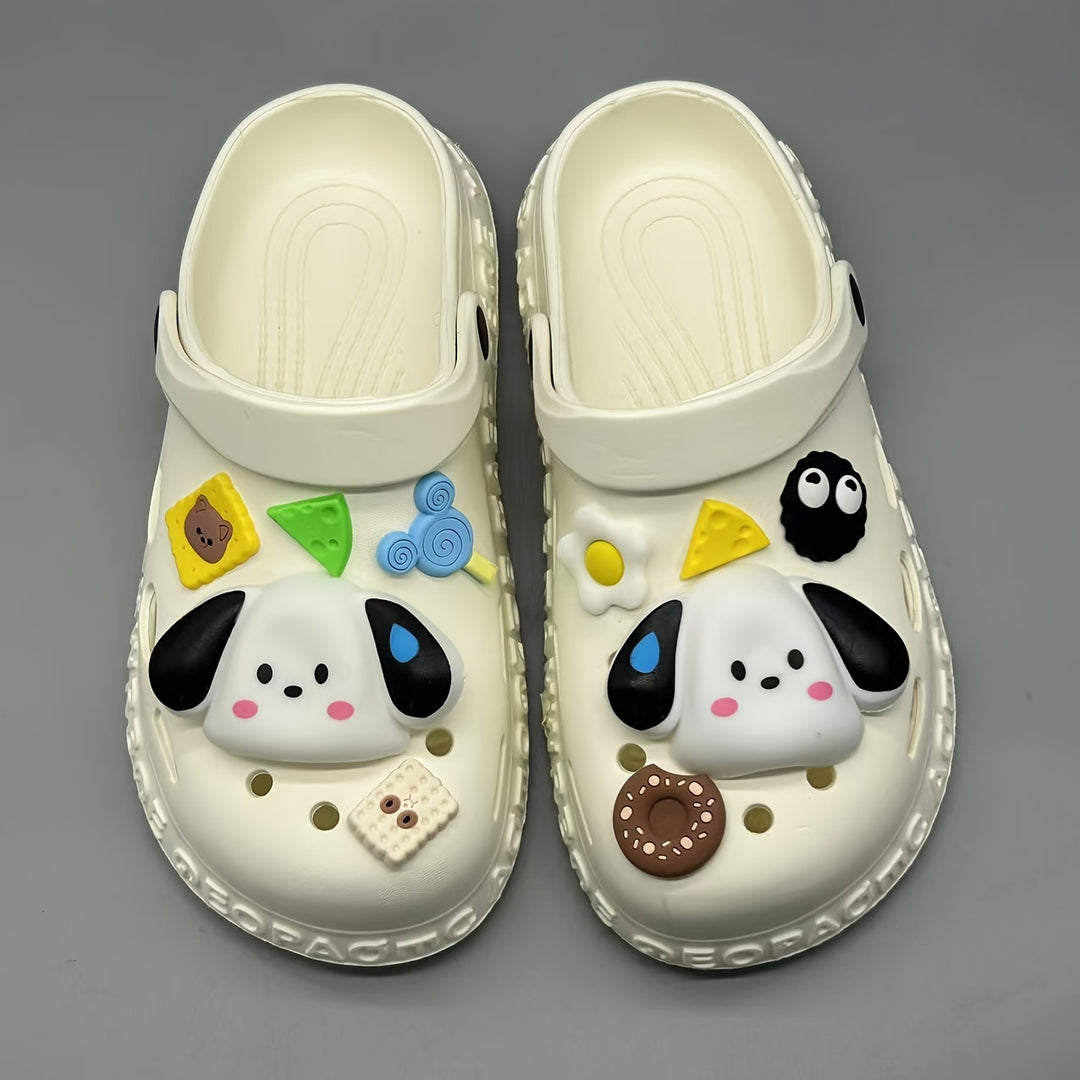 Women's Kawaii Dit Decor Clogs, Soft Sole Lightweight Closed Toe Beach Shoes, Breathable Hollow Out Garden Clogs