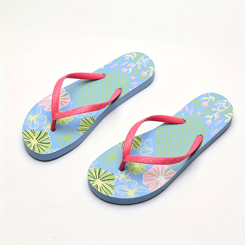 Women's Floral Pattern Flip Flops, Summer Beach Flat Slide Shoes, Lightweight Indoor & Outdoor Slides for Holiday