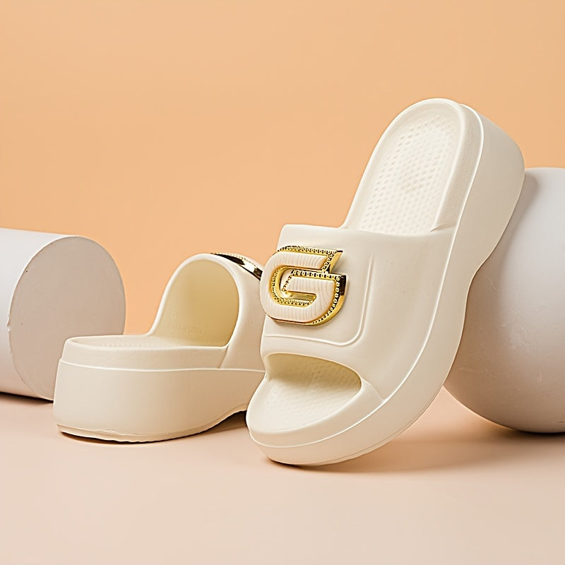 Stylish Women's Summer Platform Slide Sandals - Pink EVA Thick Sole with Metallic "G" Decor, Open Toe, Mid-Heel, Easy Slip-On, Hand Washable, Ladies Sandals