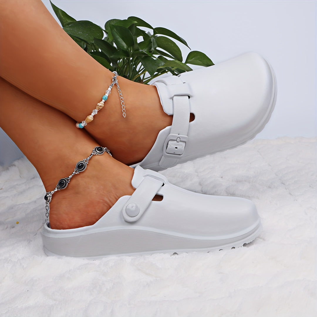 Women's Solid Color Clogs, Casual Buckle Strap Design Flat Shoes, Comfortable Slip On Shoes