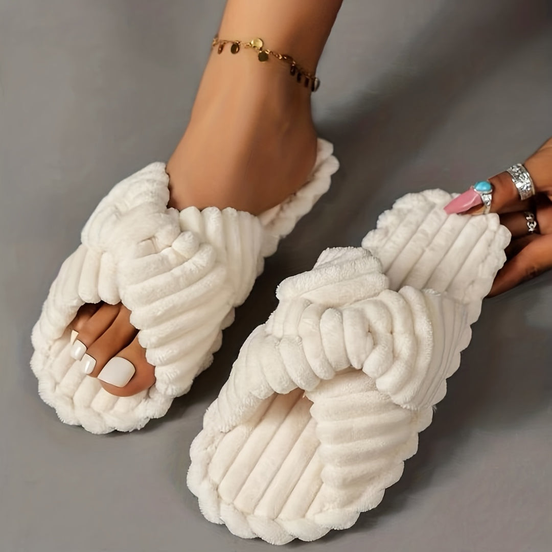 Women's Solid Color Home Slippers, Open Toe Cross Strap Bedroom Shoes, Comfortable Indoor Slippers