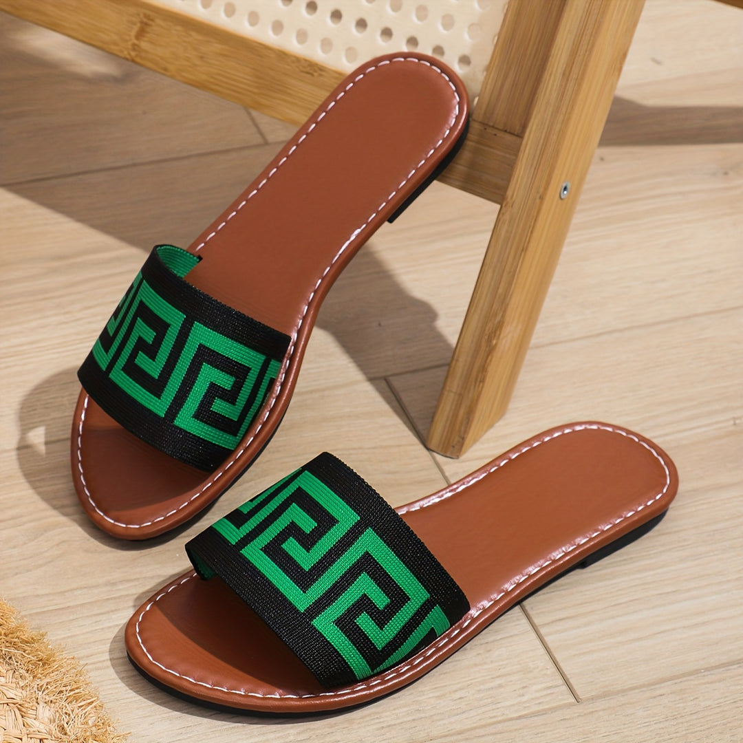 [Summer Slipon] Chic Women's Slide Sandals - Casual Open-Toe Flats with Geometric Pattern, Breathable Knit Upper & Faux Cover Insole, Rubber Sole - Easy Slip-On, Perfect for Summer