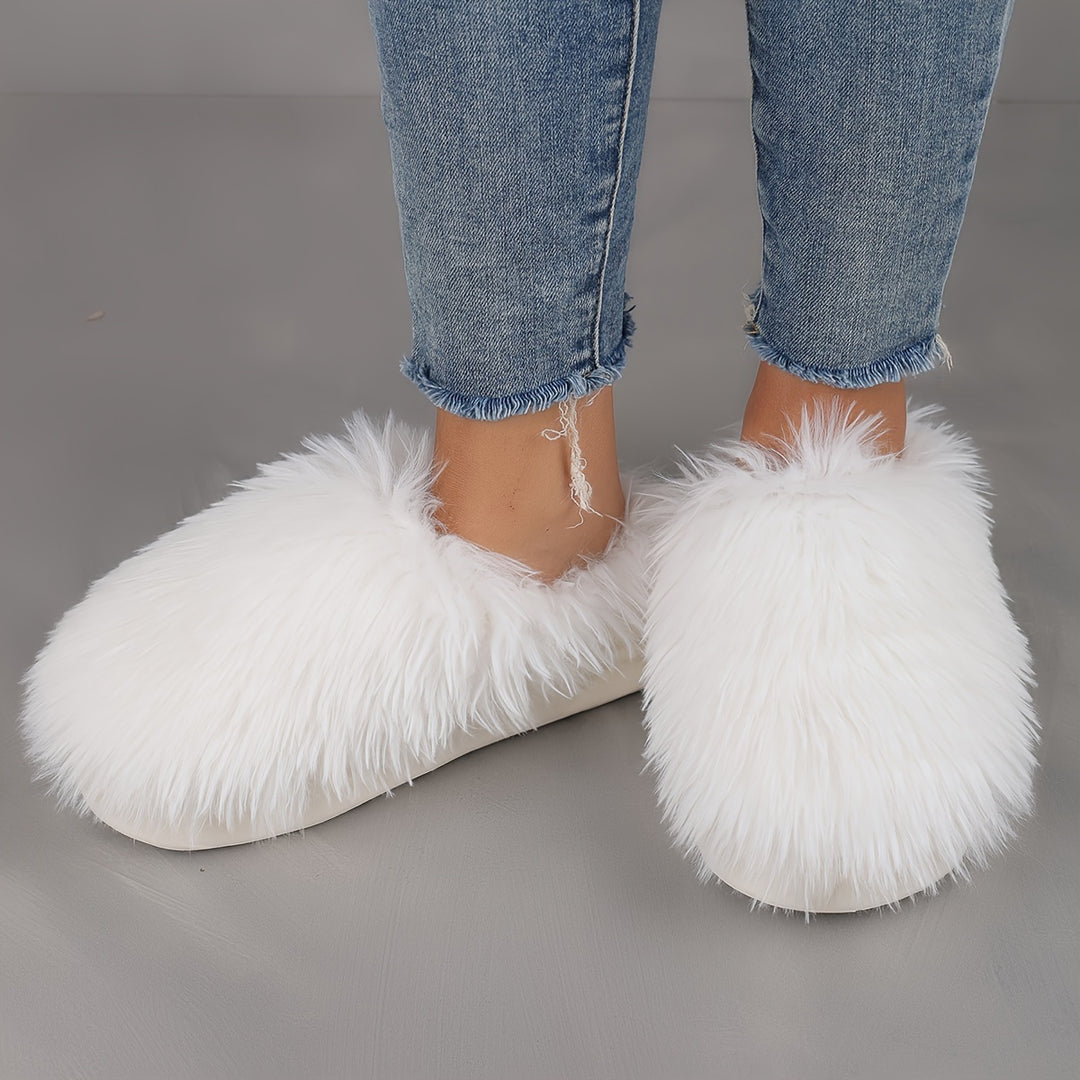 Elegant Solid Color Faux Fur Slippers, Winter Warmth Indoor Home Fashion Thick Sole Slip-on Shoes for Men and Women, Non-Slip Durable EVA Sole, Comfortable Fabric Upper & Inner, All-Season Cozy Plush Slides - Black/White/Grey