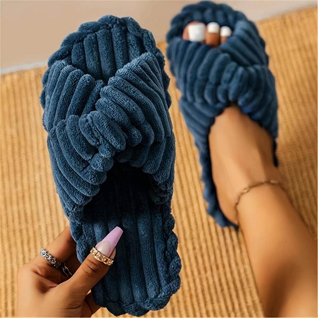 Women's Solid Color Home Slippers, Open Toe Cross Strap Bedroom Shoes, Comfortable Indoor Slippers