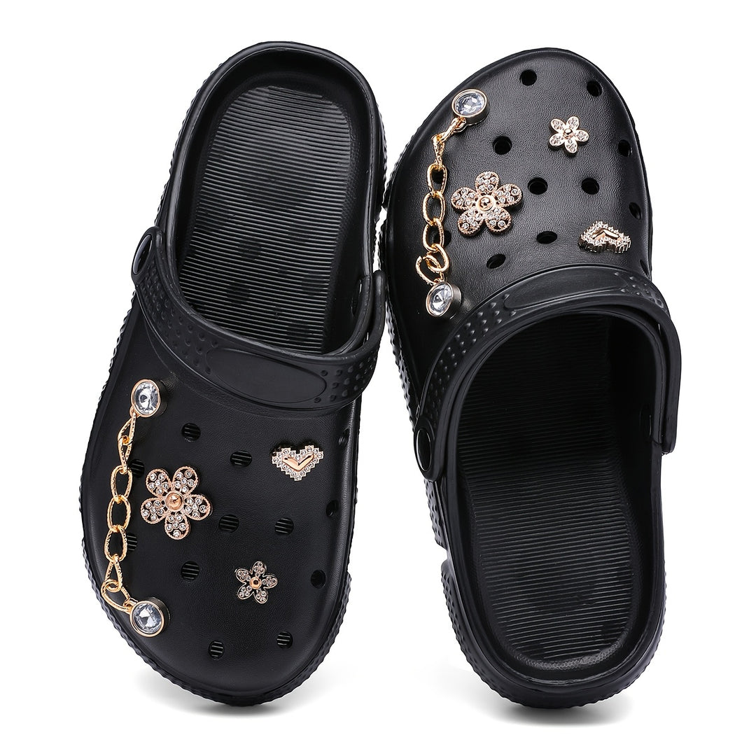Women's Fashionable Pink Crocs with Floral Chain Accents - Breathable & Non-Slip EVA Garden Shoes, Comfortable Slip-On Beach & Pool Sandals, Durable Rubber Material, Ideal for All Seasons