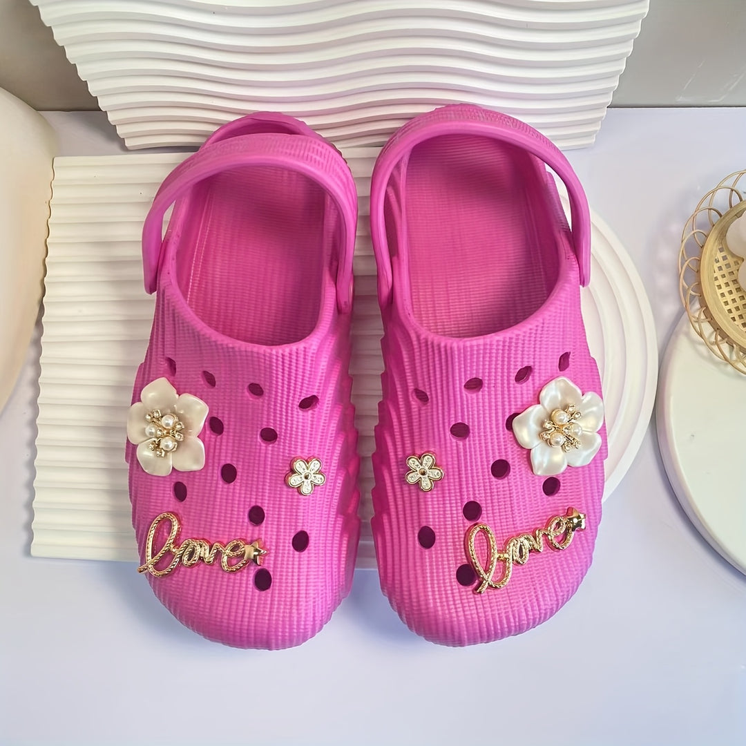 Women's Summer Fashion Clogs with Charms - Soft EVA Material, Comfortable Slip-On Design, Black & Cream Floral "Love" Accents, Indoor/Outdoor Casual Wear, Outdoor Sandals | Jeweled Sandals | Comfortable Design, Ladies Sandals