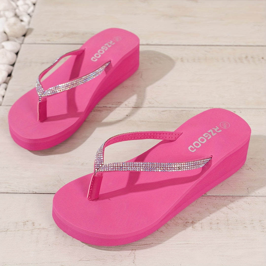 Women's Solid Color Flip Flops, Platform Slip On Rhinestone Decor Beach Slides, Non-slip Wedge Seaside Slides