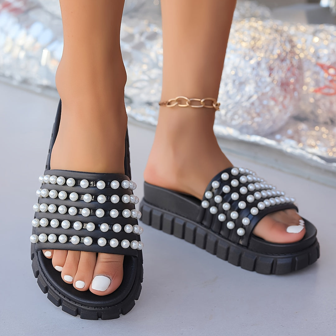 Women'S Fashion Pearl Embellished Slides, Casual Slip-On Open Toe Mid Heel Sandals, Durable Thick Sole Comfortable Lightweight, with Rubber Construction, for Indoor/Outdoor Versatile All-Season Footwear