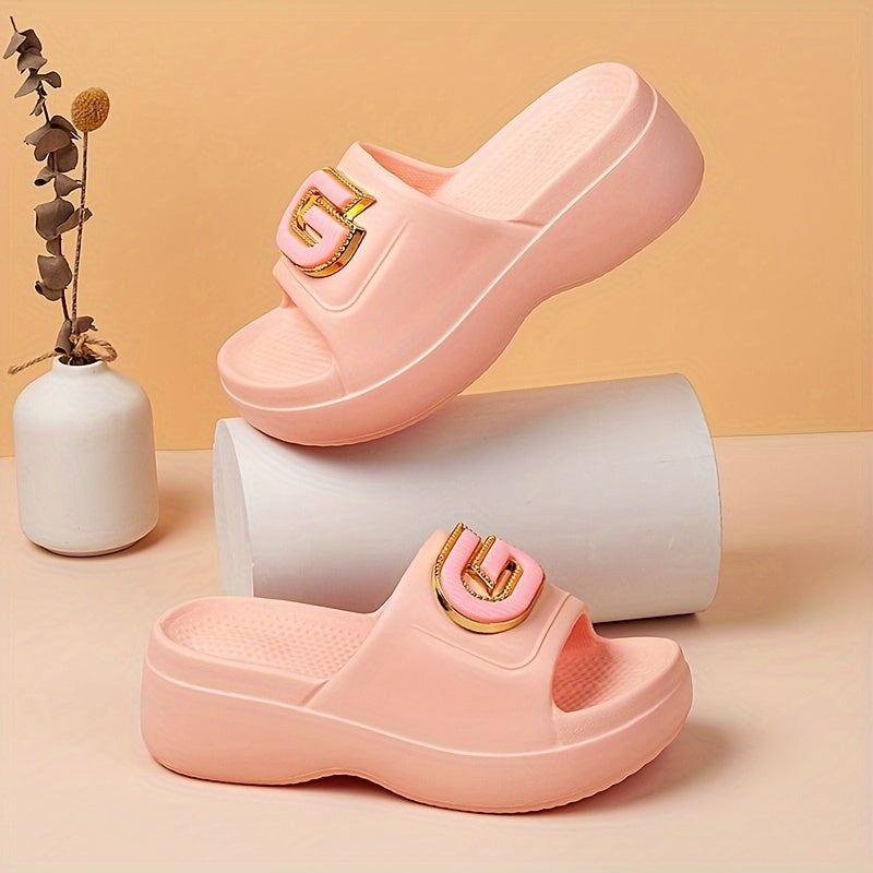 Stylish Women's Summer Platform Slide Sandals - Pink EVA Thick Sole with Metallic "G" Decor, Open Toe, Mid-Heel, Easy Slip-On, Hand Washable, Ladies Sandals