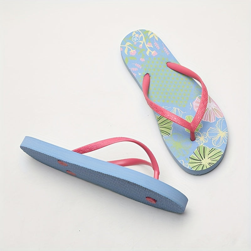 Women's Floral Pattern Flip Flops, Summer Beach Flat Slide Shoes, Lightweight Indoor & Outdoor Slides for Holiday