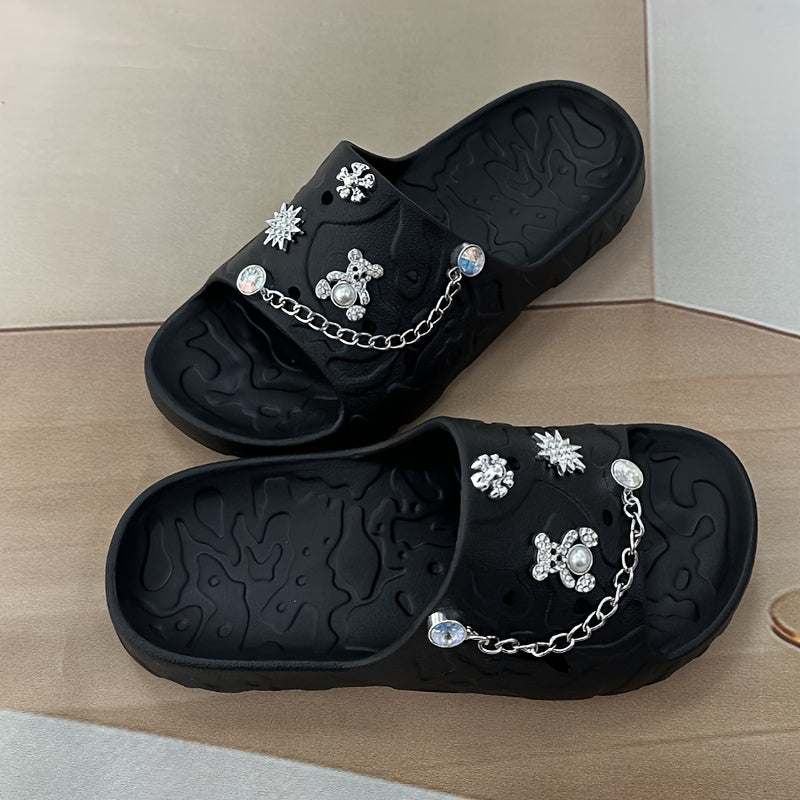 Women's Simple and Cute Solid Color Bear Silvery Chain Fashionable and Versatile Casual and Beautiful Refusal Wear-resistant and Anti-slip Daily Elegant and Sweet One-word Slippers for Walking in the Garden, Beach, Bathroom a