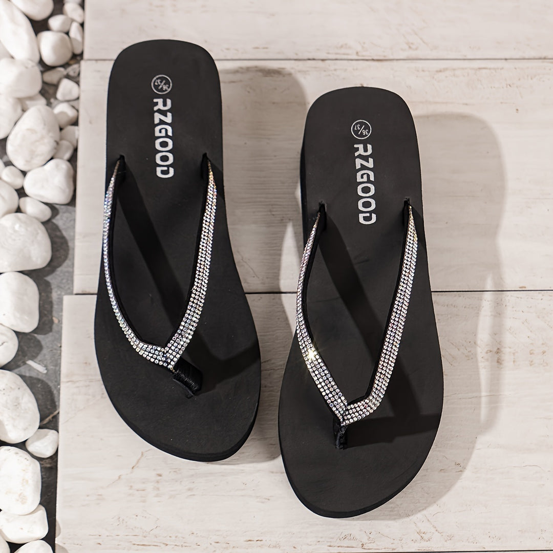Women's Solid Color Flip Flops, Platform Slip On Rhinestone Decor Beach Slides, Non-slip Wedge Seaside Slides
