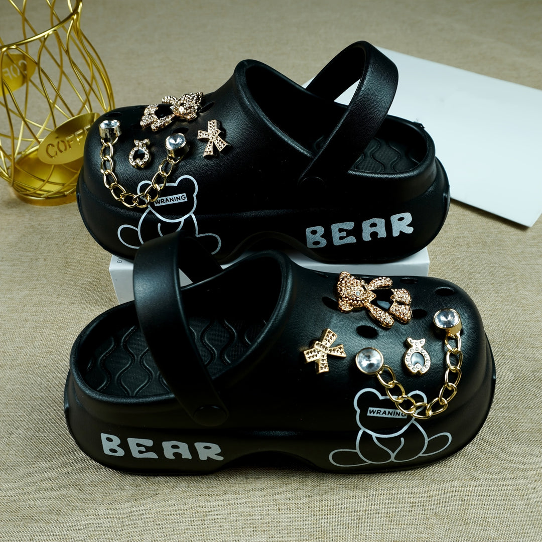 Stylish Black & Golden Women’s Clogs with Bear Charm & Chain Detail - Breathable, Non-Slip, Comfortable EVA Garden Shoes for All Seasons, Hand Wash or Dry Clean