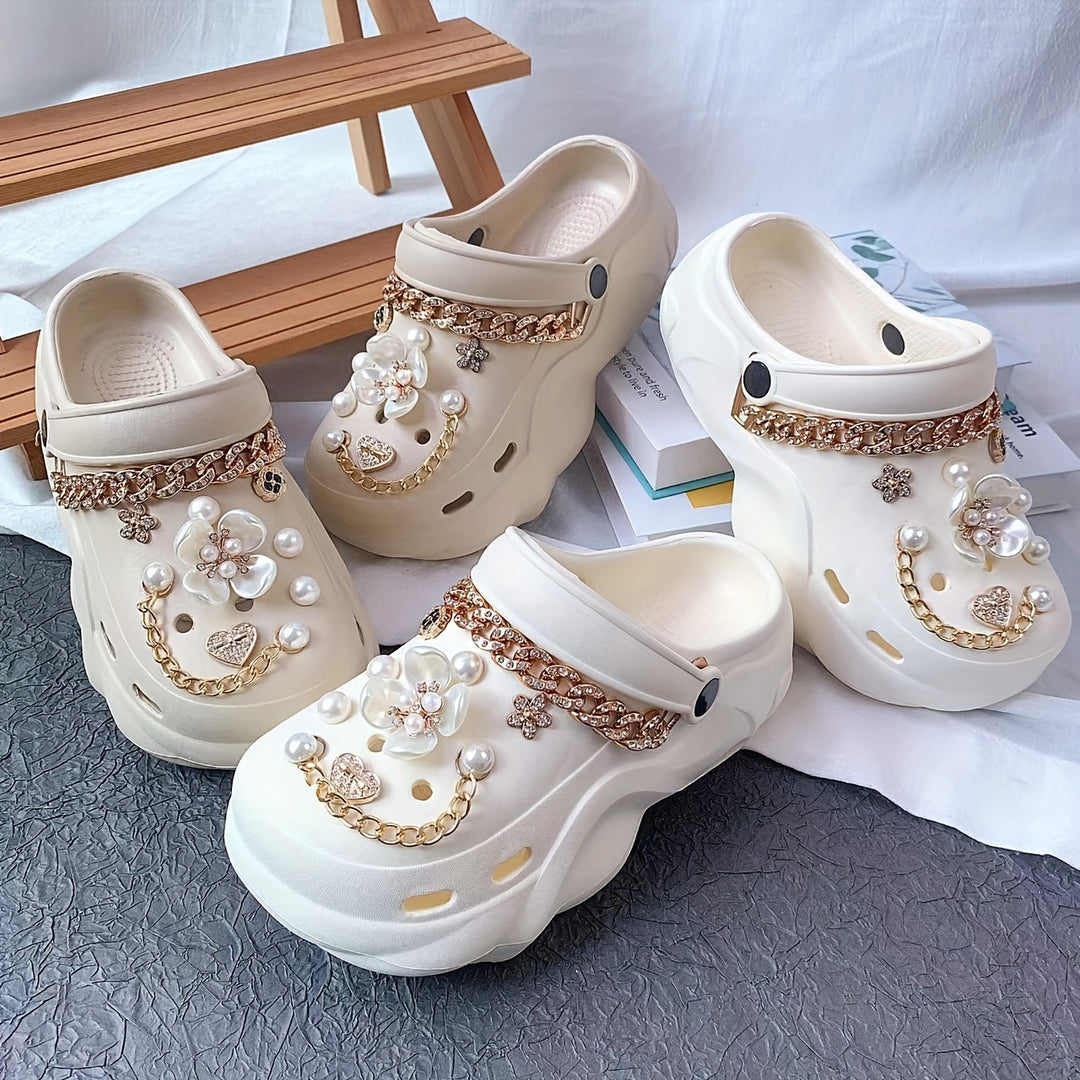 EVA Sandals For Women, Flat Heel, Lightweight, Breathable, And Comfortable, With Faux Pearl And Rhinestone Decoration, Perfect For Home, Beach, Or Street Wear