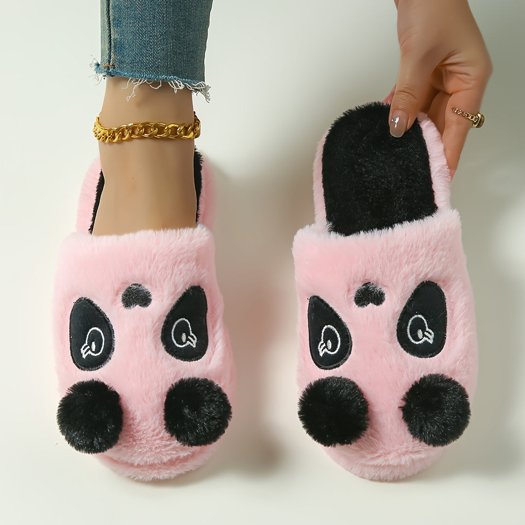 Cozy Panda Cartoon Plush Home Slippers for Men and Women - Soft Fabric, Black & White Design with Fluffy Ball Detail, TPR Sole, Hand Washable - Perfect for Winter Comfort, Cute Slippers