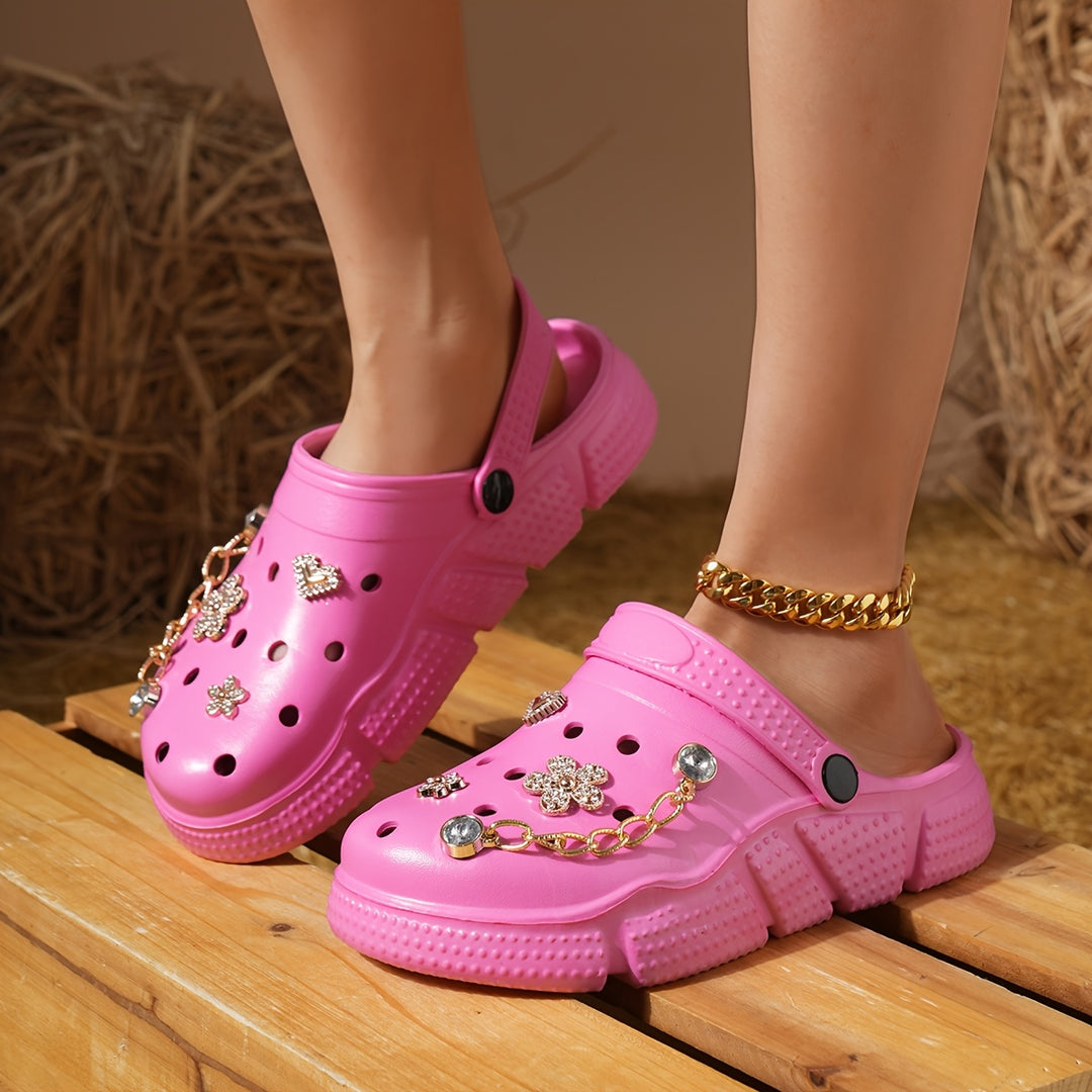 Women's Fashionable Pink Crocs with Floral Chain Accents - Breathable & Non-Slip EVA Garden Shoes, Comfortable Slip-On Beach & Pool Sandals, Durable Rubber Material, Ideal for All Seasons