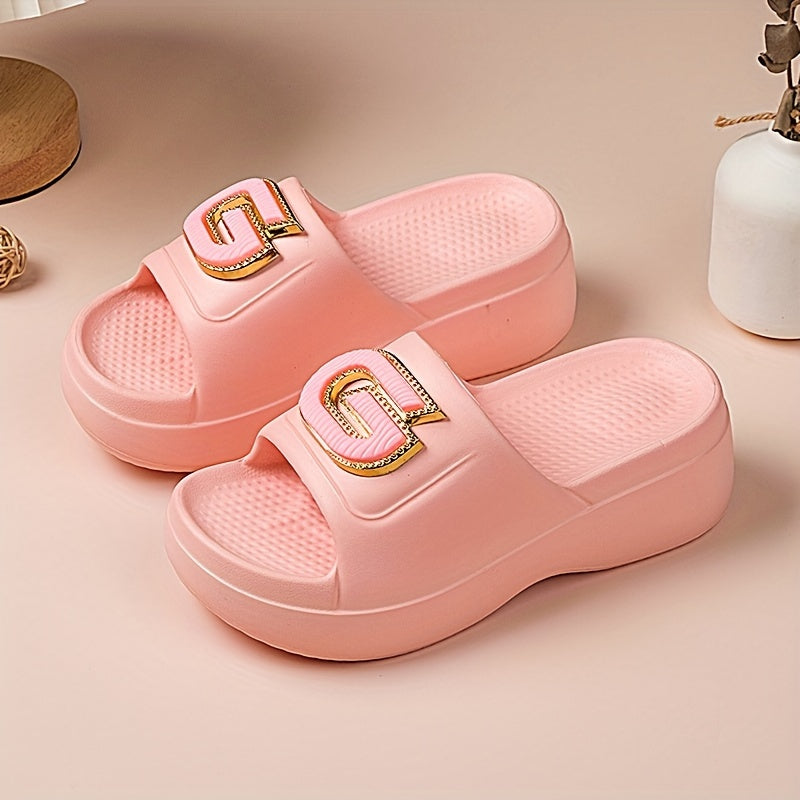 Stylish Women's Summer Platform Slide Sandals - Pink EVA Thick Sole with Metallic "G" Decor, Open Toe, Mid-Heel, Easy Slip-On, Hand Washable, Ladies Sandals