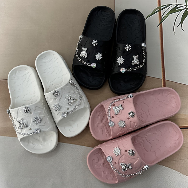 Women's Simple and Cute Solid Color Bear Silvery Chain Fashionable and Versatile Casual and Beautiful Refusal Wear-resistant and Anti-slip Daily Elegant and Sweet One-word Slippers for Walking in the Garden, Beach, Bathroom a