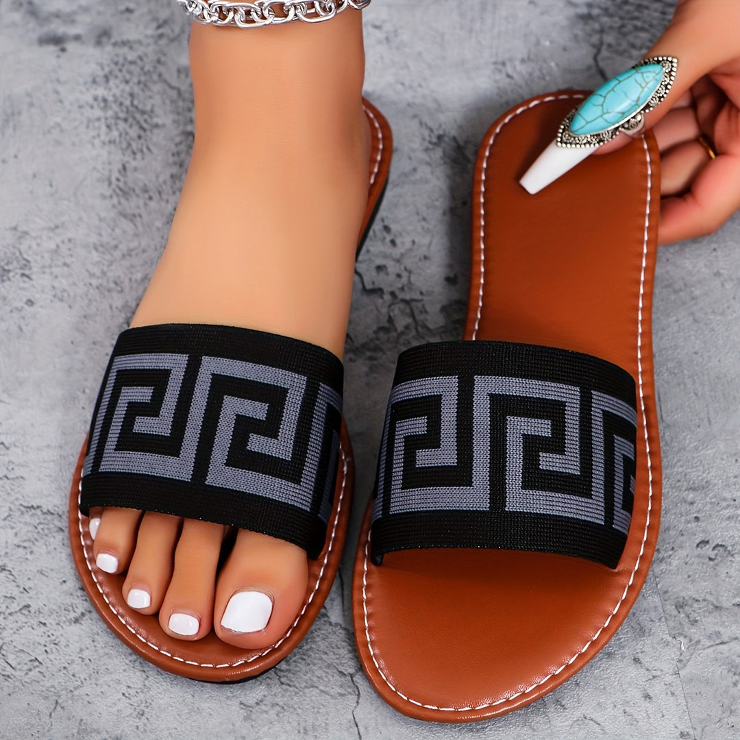 [Summer Slipon] Chic Women's Slide Sandals - Casual Open-Toe Flats with Geometric Pattern, Breathable Knit Upper & Faux Cover Insole, Rubber Sole - Easy Slip-On, Perfect for Summer