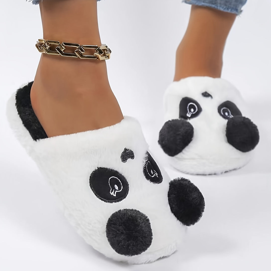 Cozy Panda Cartoon Plush Home Slippers for Men and Women - Soft Fabric, Black & White Design with Fluffy Ball Detail, TPR Sole, Hand Washable - Perfect for Winter Comfort, Cute Slippers