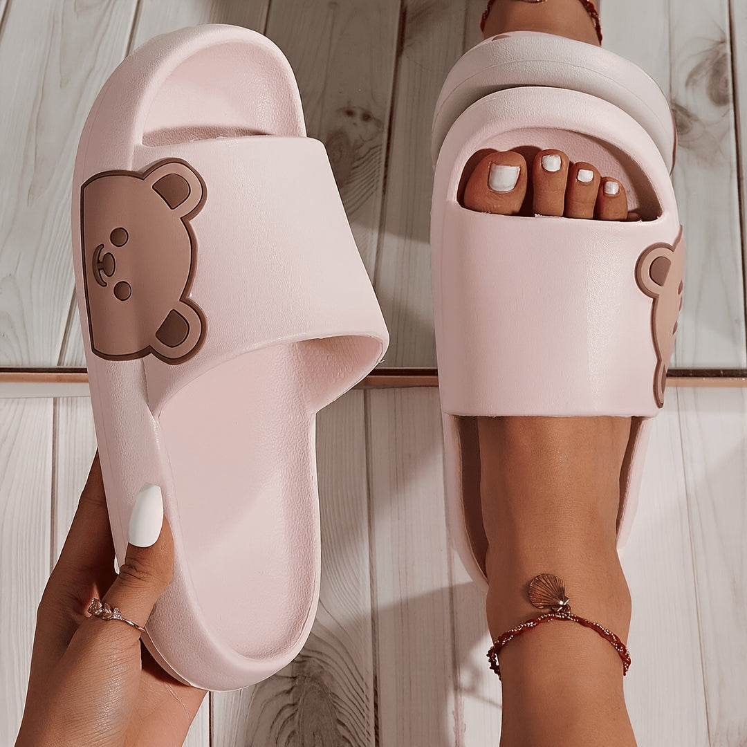 Women's Cute Bear Design EVA Slides - Thick Sole, Non-Slip, Casual Pink Slippers for Indoor/Outdoor Use, Perfect for Beach & Home Comfort, Bear Slippers