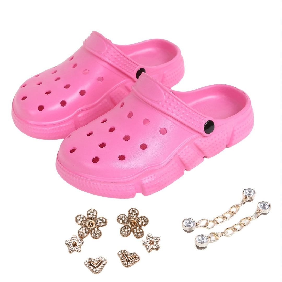 Women's Fashionable Pink Crocs with Floral Chain Accents - Breathable & Non-Slip EVA Garden Shoes, Comfortable Slip-On Beach & Pool Sandals, Durable Rubber Material, Ideal for All Seasons