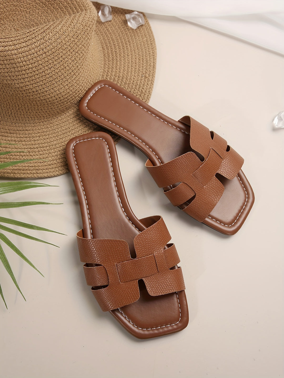 Women's Solid Color Slide Sandals, Casual Square Toe Flat Summer Shoes, Lightweight Slide Sandals