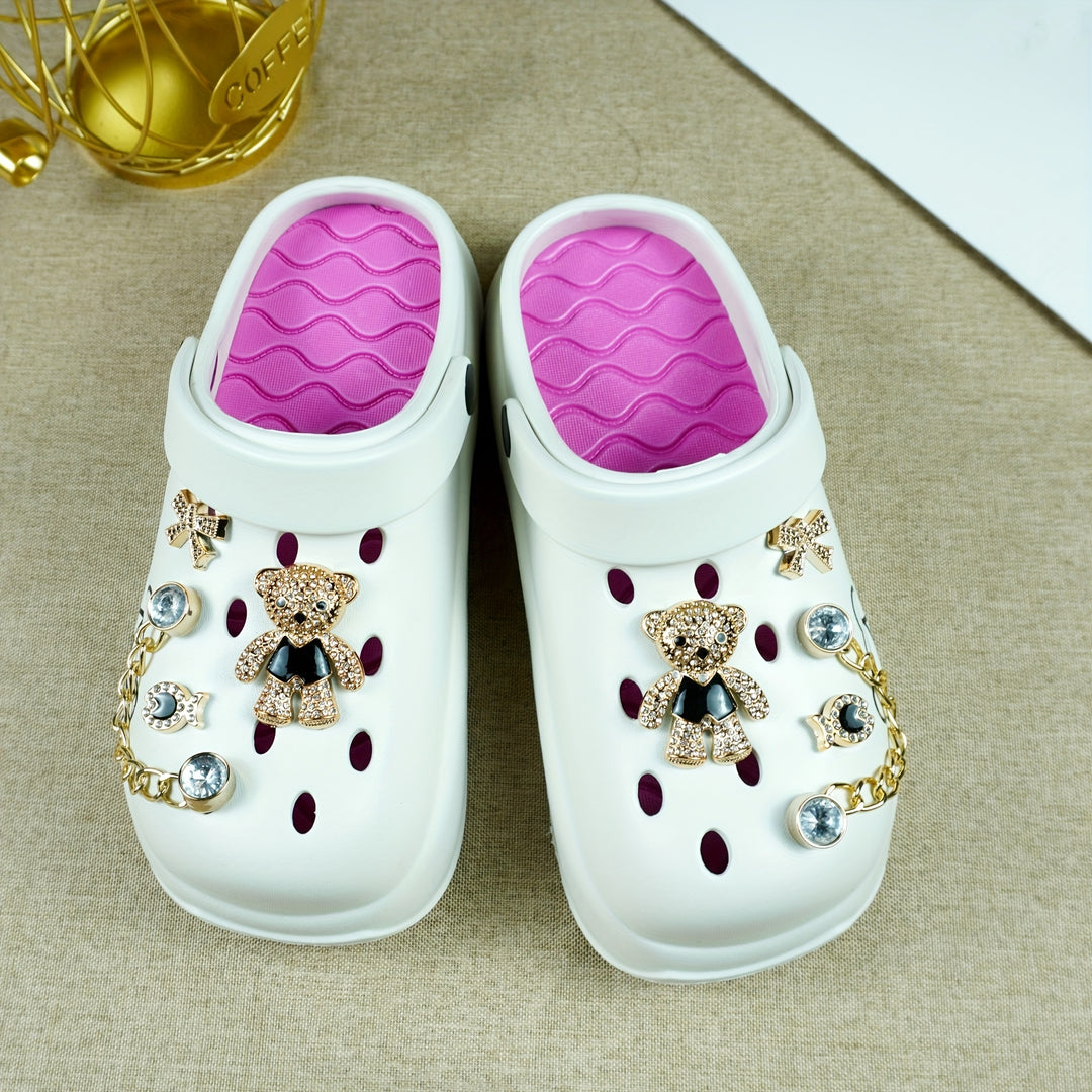 Stylish Black & Golden Women’s Clogs with Bear Charm & Chain Detail - Breathable, Non-Slip, Comfortable EVA Garden Shoes for All Seasons, Hand Wash or Dry Clean