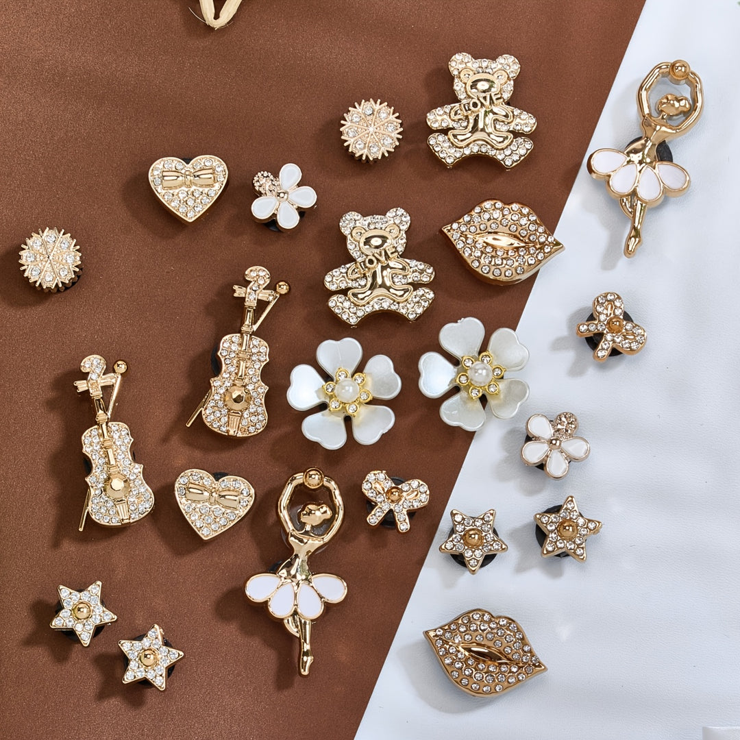 22/24pcs Ballet Girl Chain Charms Set, ABS Durable Material, Rhinestone Bear Flower Heart Garden Shoes Sandals Accessories, Perfect for Holiday Gifts