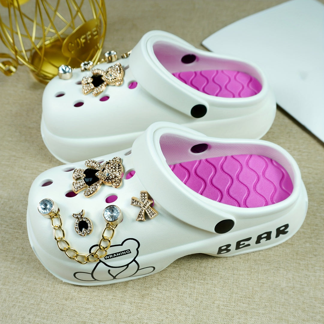 Stylish Black & Golden Women’s Clogs with Bear Charm & Chain Detail - Breathable, Non-Slip, Comfortable EVA Garden Shoes for All Seasons, Hand Wash or Dry Clean