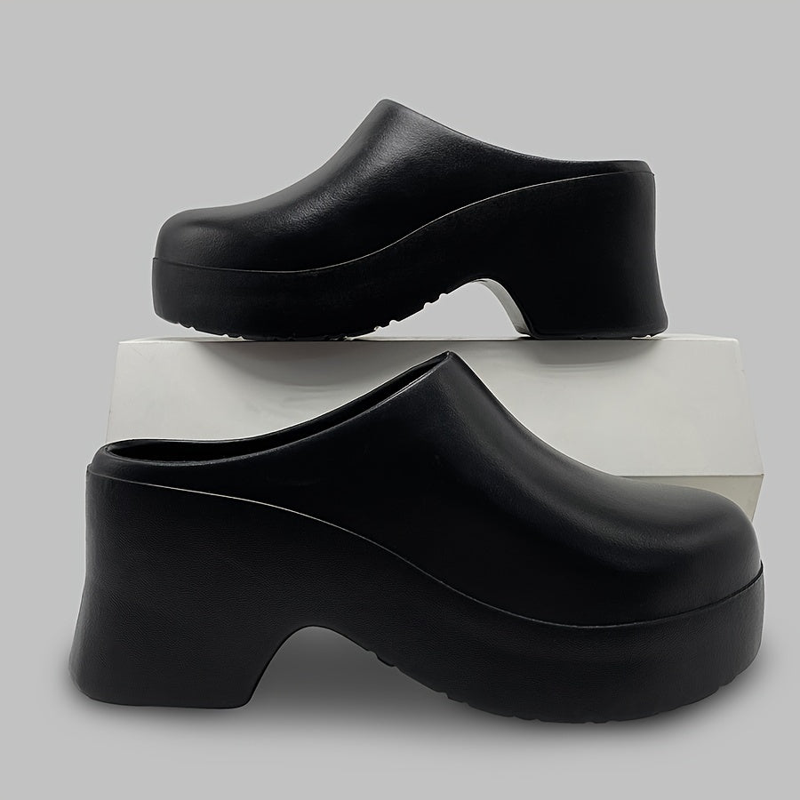 Minimalist EVA Heeled Mules for Women | All-Season Slip-On Round Toe Sandals with Mary-Jane Strap | Solid Color, Waterproof, Wear-Resistant, Mid-Heel Block with Cushioned Insole
