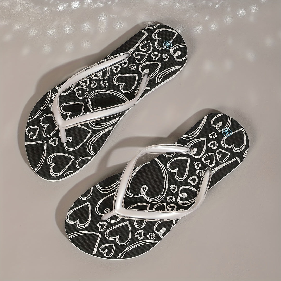 Women'S Fashionable Heart Print Flip-Flops, Casual Flat Printed EVA Summer Beach Sandals, Home And Outdoor Vacation Slippers.