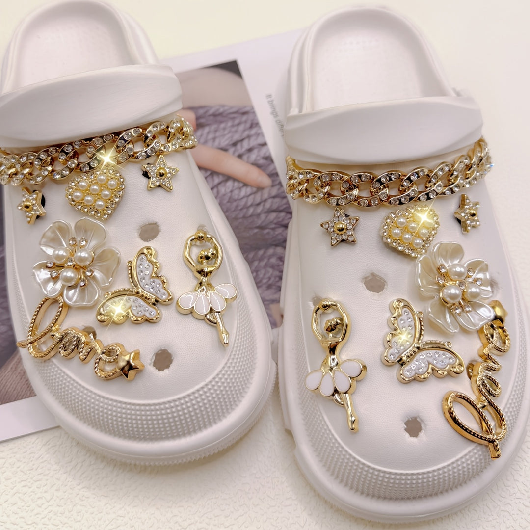 16pcs Girls Pearl Flower Butterfly Chain Set of Fashionable DIY Shoe Ornaments, Suitable for Garden Shoes, Sandals, etc. Removable Shoe and Boot Decorations