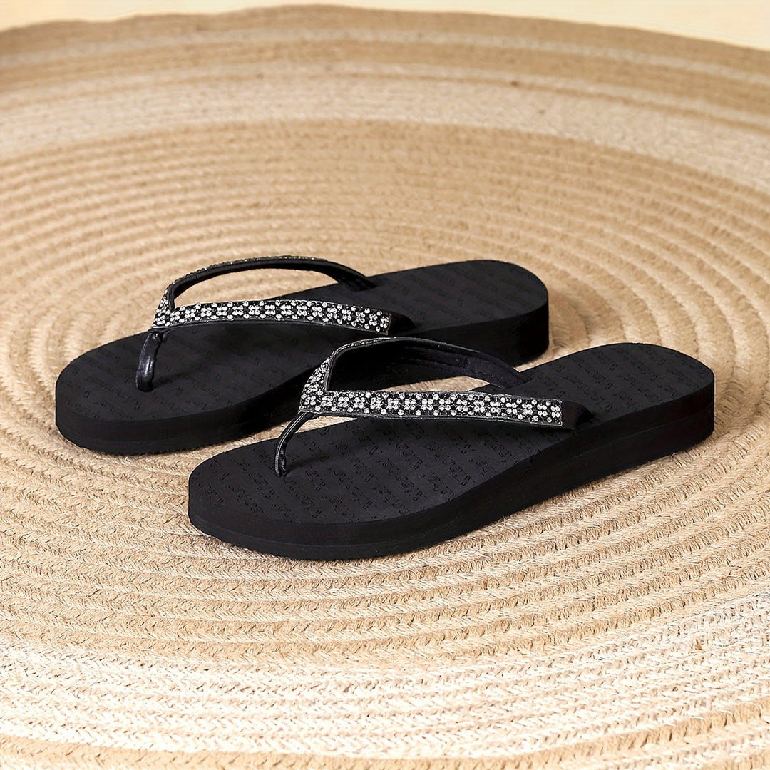 Women's Fashion Rhinestone-Embellished Flat Flip-Flops, Black Charming Beach Slides