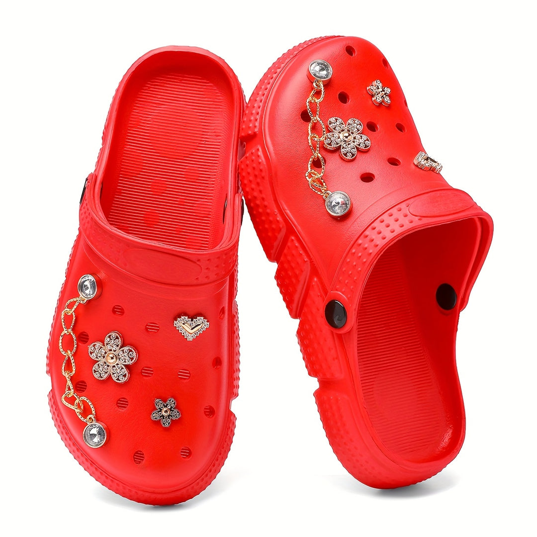 Women's Fashionable Pink Crocs with Floral Chain Accents - Breathable & Non-Slip EVA Garden Shoes, Comfortable Slip-On Beach & Pool Sandals, Durable Rubber Material, Ideal for All Seasons