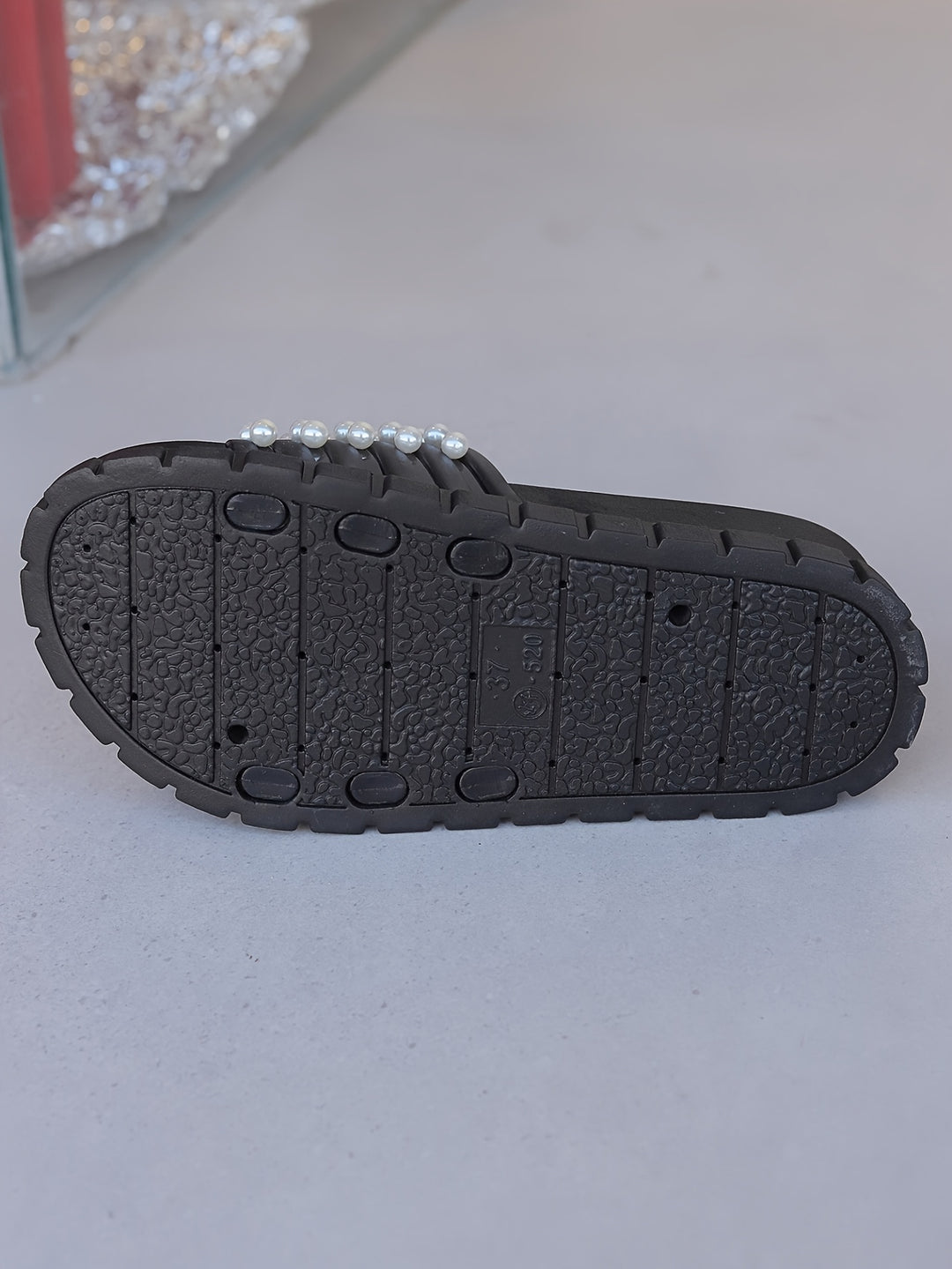 Women'S Fashion Pearl Embellished Slides, Casual Slip-On Open Toe Mid Heel Sandals, Durable Thick Sole Comfortable Lightweight, with Rubber Construction, for Indoor/Outdoor Versatile All-Season Footwear