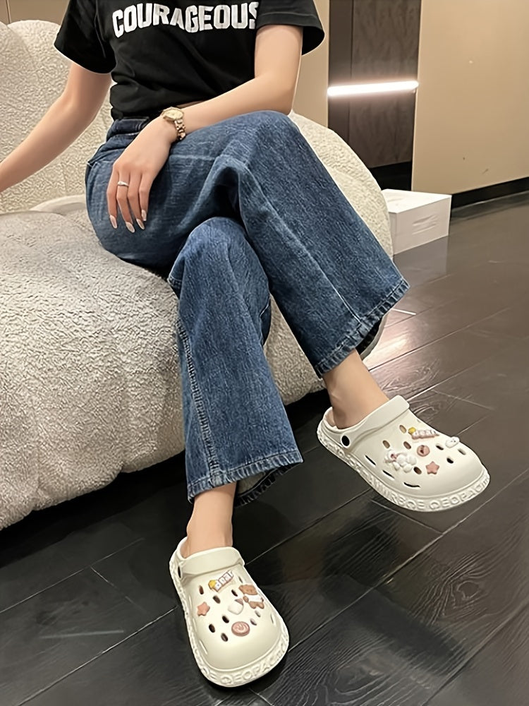 Women's Kawaii Dit Decor Clogs, Soft Sole Lightweight Closed Toe Beach Shoes, Breathable Hollow Out Garden Clogs