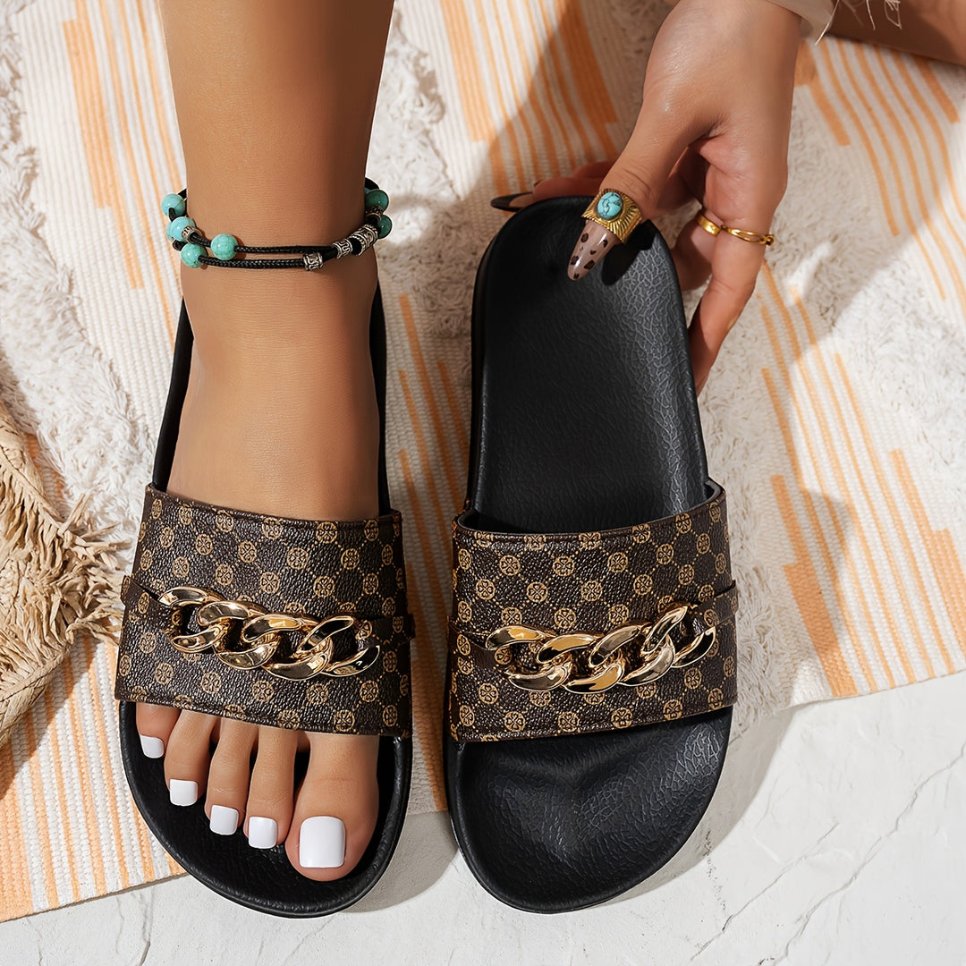 Glam Style Women'S Slides, EVA Foam Insole & Sole, Fabric Inner, Round Toe Slip-On Sandals with Chain Detail, Breathable Lightweight Comfort, with All-Season Versatile Footwear for North America & European Special