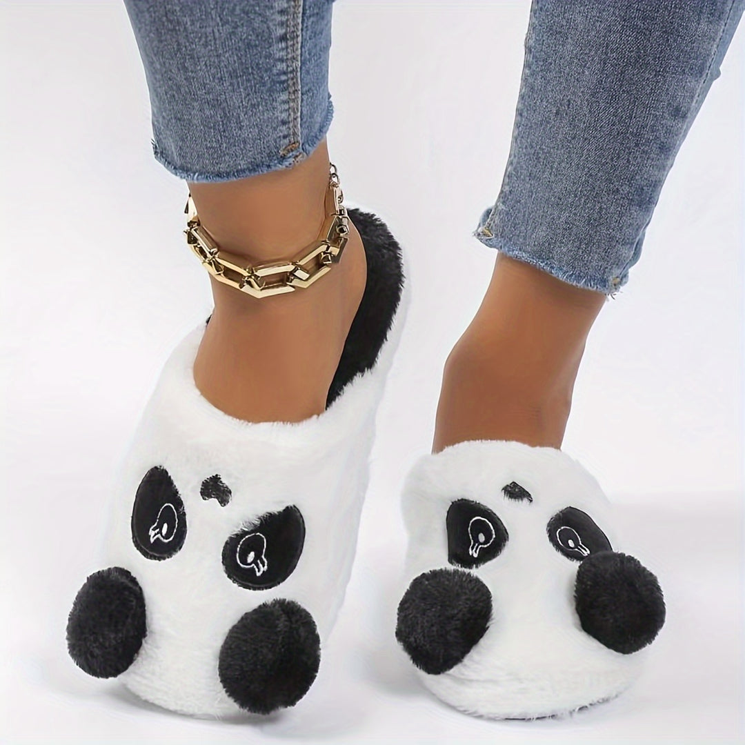 Cozy Panda Cartoon Plush Home Slippers for Men and Women - Soft Fabric, Black & White Design with Fluffy Ball Detail, TPR Sole, Hand Washable - Perfect for Winter Comfort, Cute Slippers