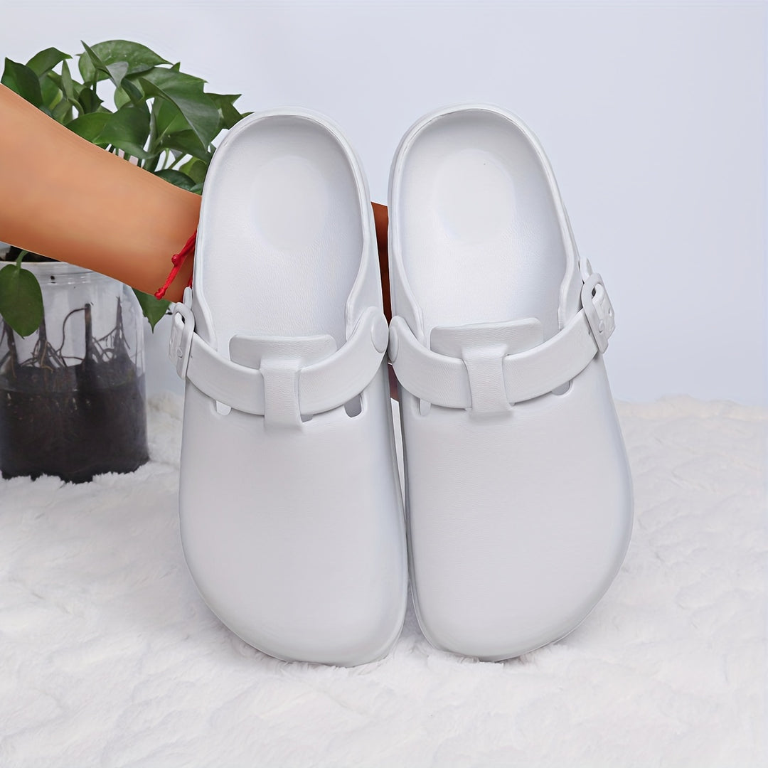 Women's Solid Color Clogs, Casual Buckle Strap Design Flat Shoes, Comfortable Slip On Shoes
