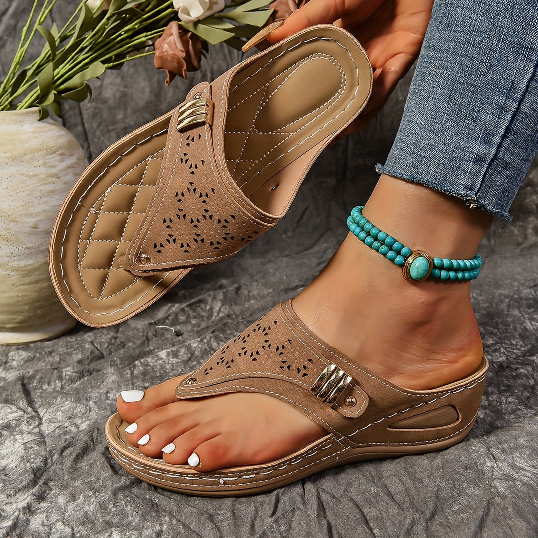 Women's Comfort Arch Support Slides, Rubber Sole Flat Heel, PU Insole & Upper, Round Toe Slip-On Sandals with Geometric Cut-Outs, Casual All-Match, Outdoor Slipper Shoes