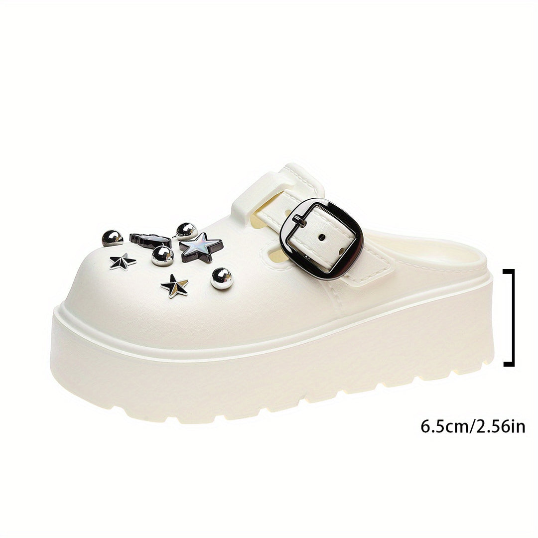 Women's Stylish White Platform Clogs with Metallic Star Accents, Adjustable Buckle Strap & Detachable Heel - Versatile Slip-On Wedge Sandals for Casual or Party Wear, Versatile Clogs | Glossy Finish Footwear | Durable Sandals