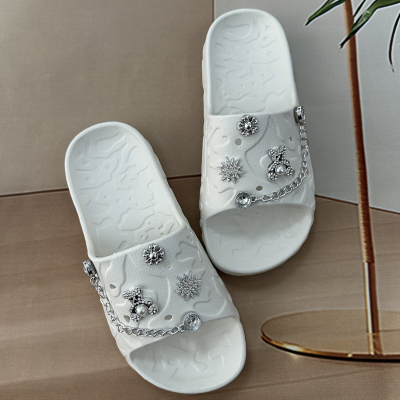 Women's Simple and Cute Solid Color Bear Silvery Chain Fashionable and Versatile Casual and Beautiful Refusal Wear-resistant and Anti-slip Daily Elegant and Sweet One-word Slippers for Walking in the Garden, Beach, Bathroom a
