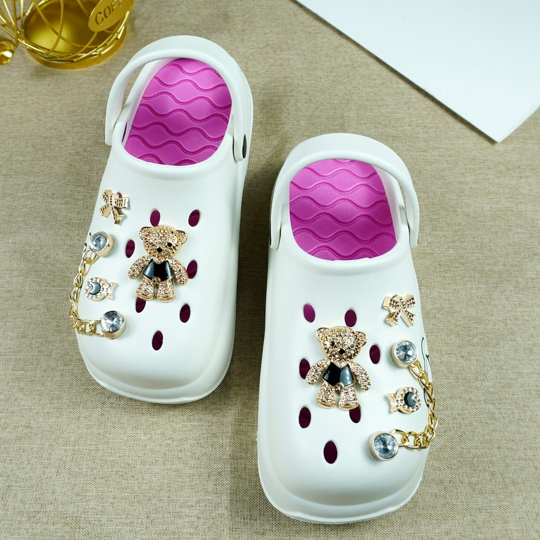 Stylish Black & Golden Women’s Clogs with Bear Charm & Chain Detail - Breathable, Non-Slip, Comfortable EVA Garden Shoes for All Seasons, Hand Wash or Dry Clean