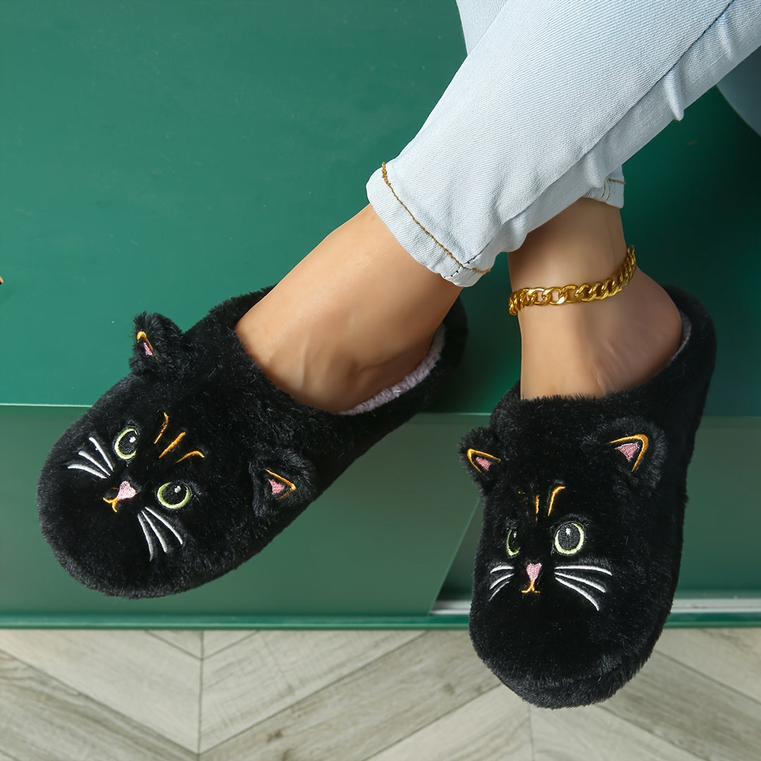 Women's Cute Cartoon Black Cat Slippers with Big Eyes and Ears, Soft Warm Non-slip Indoor House Slip-on Slippers with Fabric Upper, Inner, Insole and TPR Sole