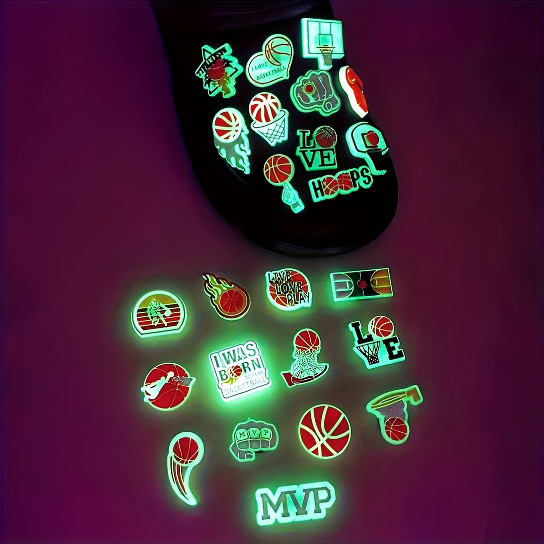 24pcs set of new luminous basketball sports series DIY shoe flower accessories buckle for hole shoes, beach sandals, removable 5D PVC shoe decoration buckle