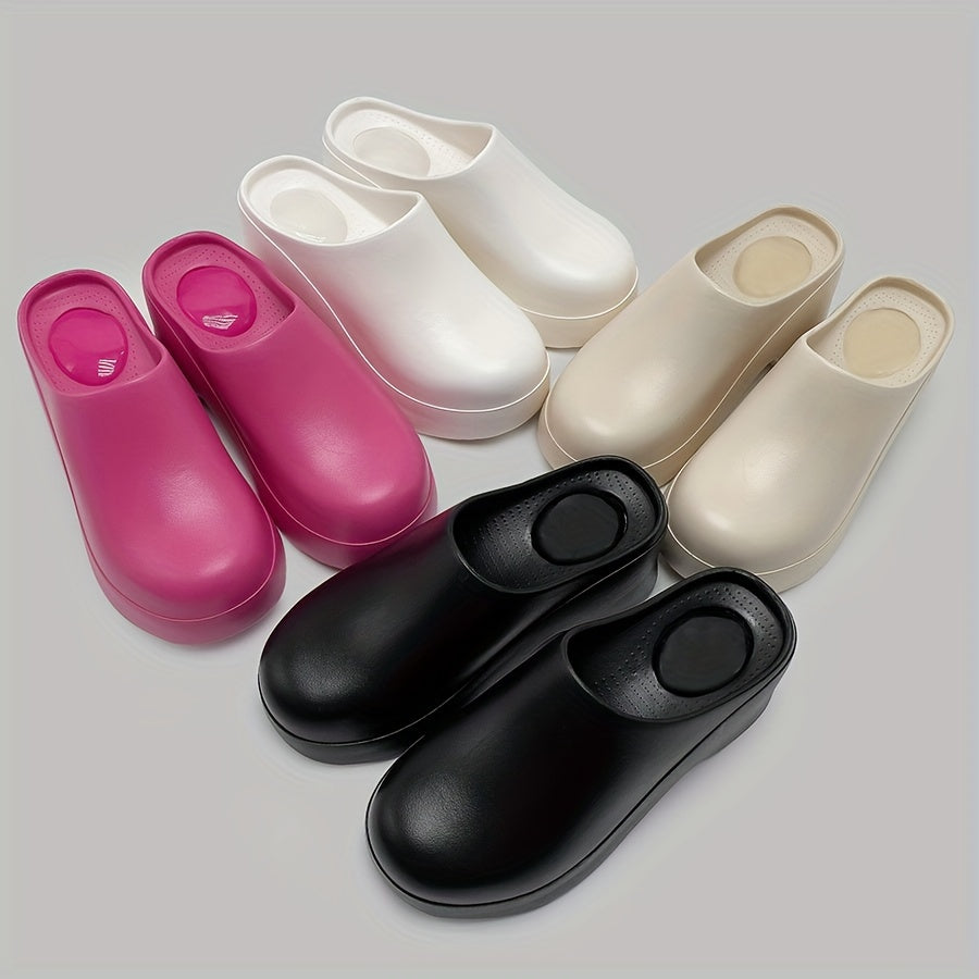 Minimalist EVA Heeled Mules for Women | All-Season Slip-On Round Toe Sandals with Mary-Jane Strap | Solid Color, Waterproof, Wear-Resistant, Mid-Heel Block with Cushioned Insole