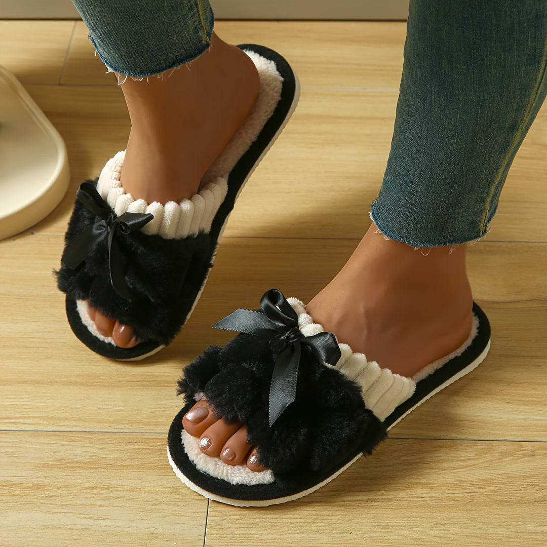 Warm Bowknot Decor Slippers, Casual Open Toe Plush Shoes, Comfortable Indoor Home Slippers