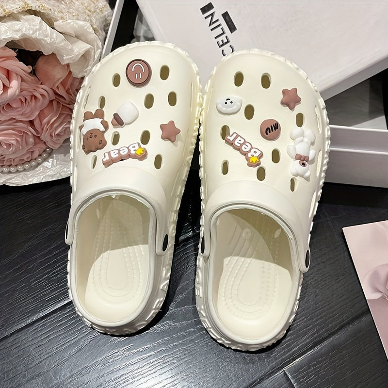 Women's Kawaii Dit Decor Clogs, Soft Sole Lightweight Closed Toe Beach Shoes, Breathable Hollow Out Garden Clogs